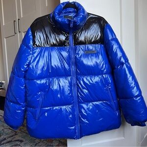 Boohoo color block high shine Blue and Black Puffer Jacket size 4 or uk8